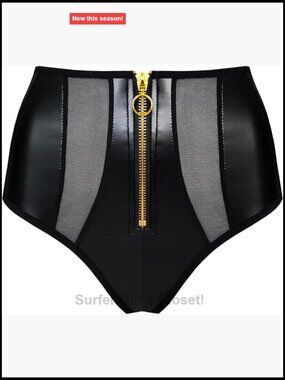 Faux Leather High-Waist Brief Panty with Front-Open Zipper